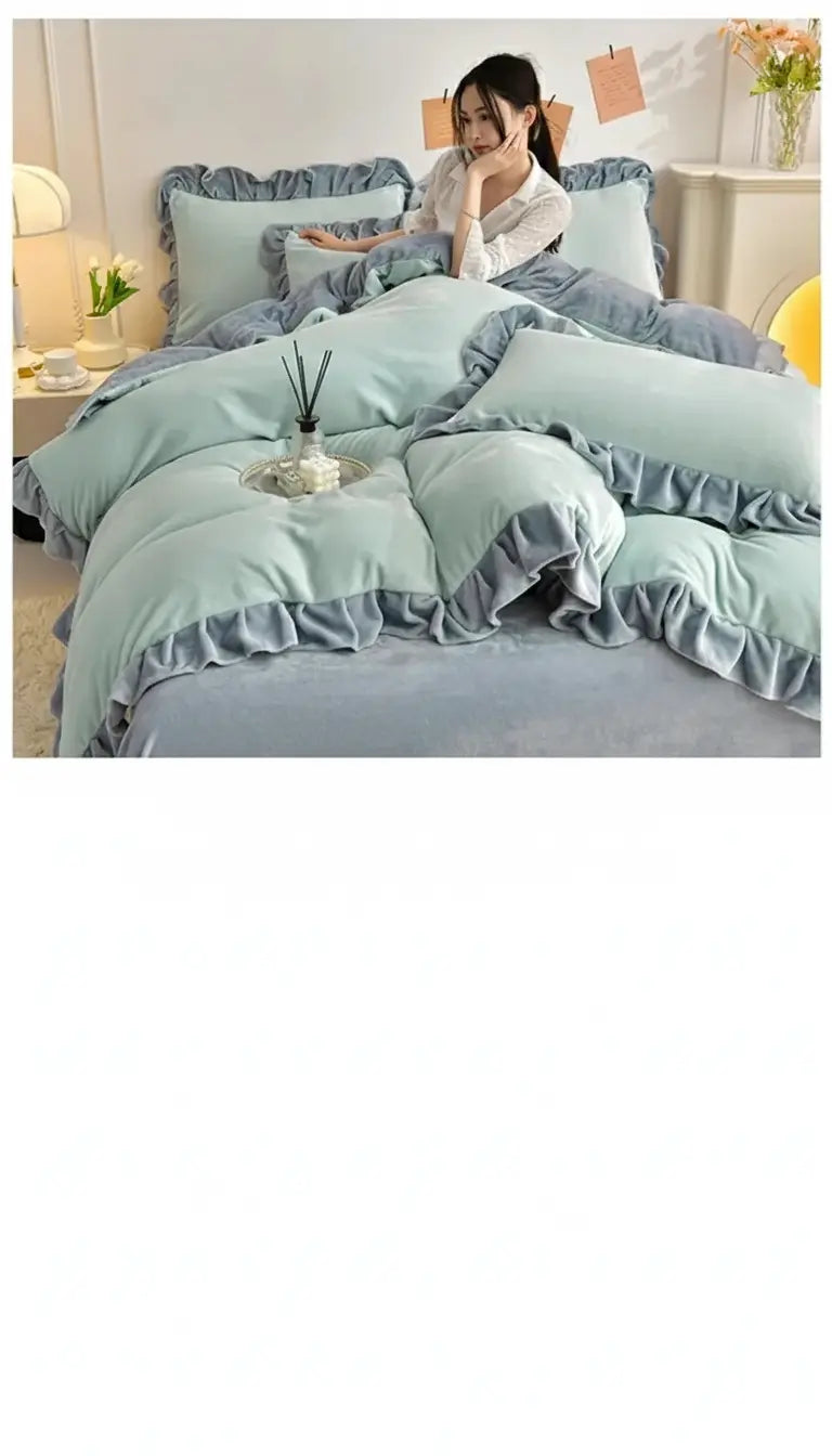 Winter Bettwäsche Set aus Fleece mit Spitze, Farbe: Ziselangman, Grösse: King 4 Teile 220x240cm