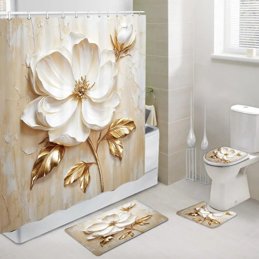 Floraler Duschvorhang – Modern Weiss und Gold – 180x180cm Set
