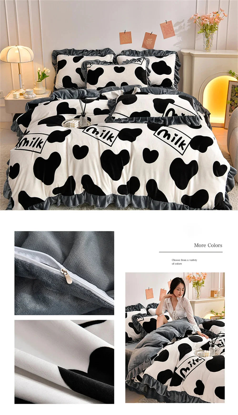 Winter Bettwäsche Set aus 100% Polyester Fleece in ziselangman Farbe mit Blumenmuster und Spitzendetails, Grösse: King 220x240cm