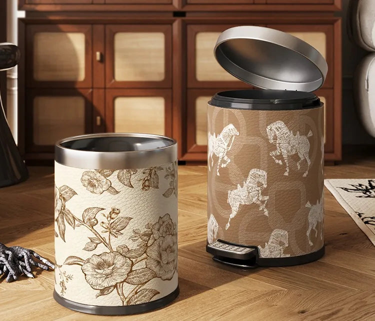 Moderner 14L-Abfalleimer aus Edelstahl und Leder in Grau, 28x37cm