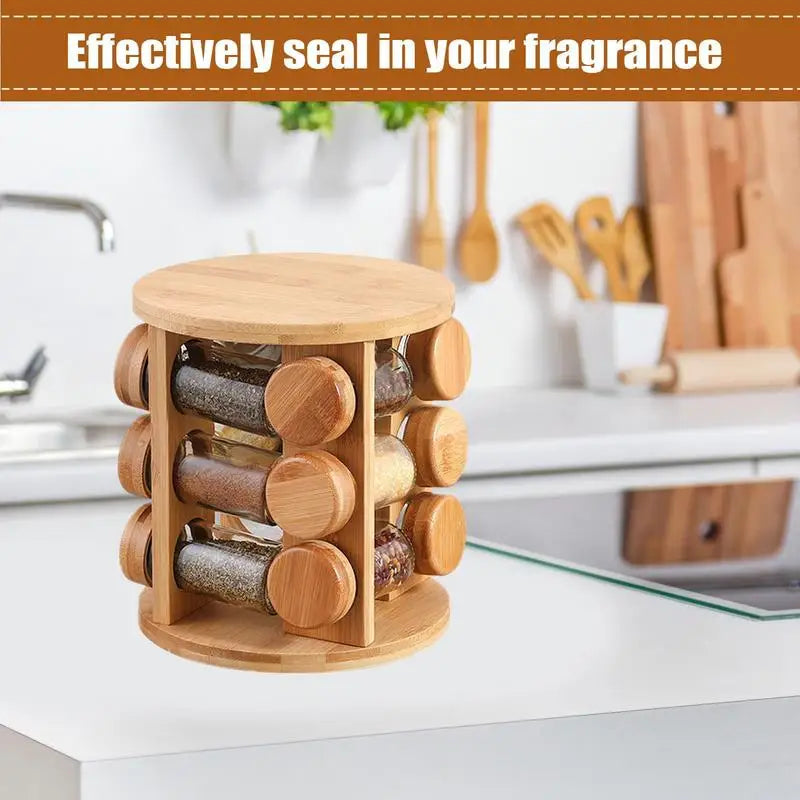 Gewürzregal aus Bambus – Drehbar & 12 Gläser