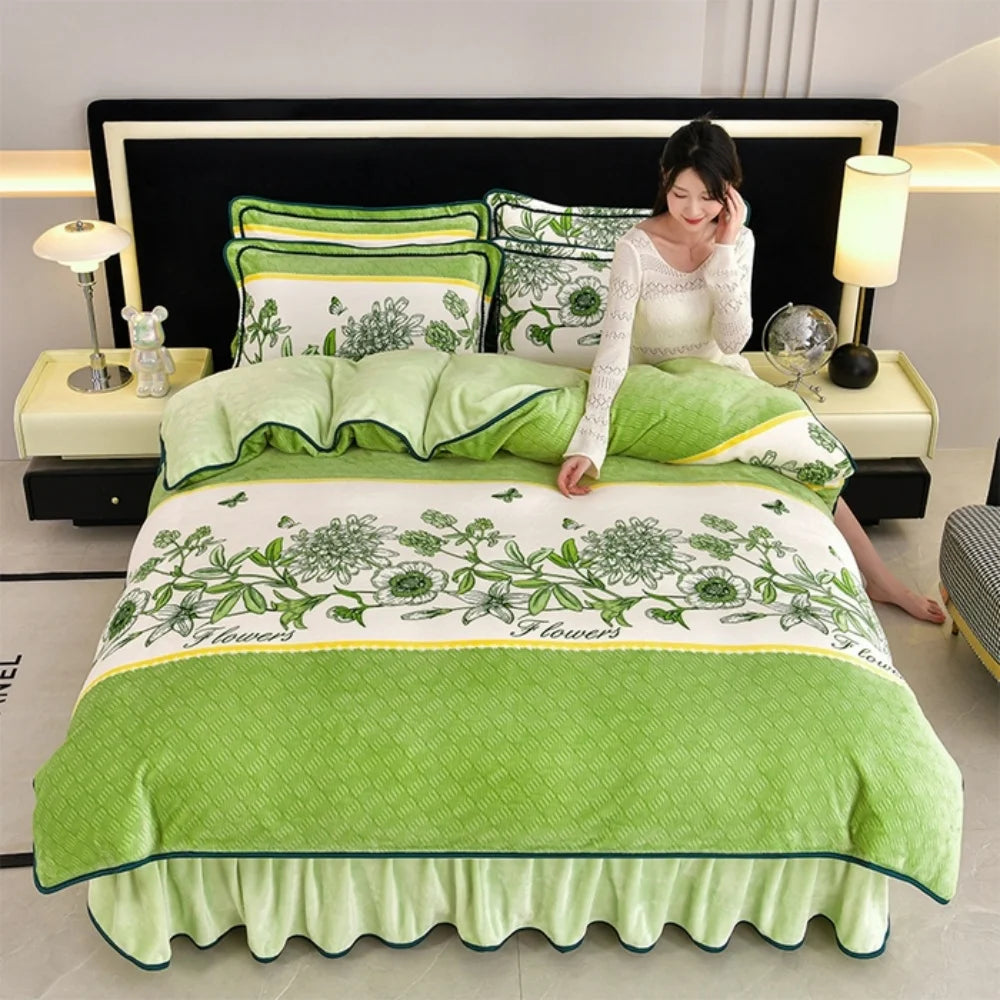 Luxus Fleece Bettwäsche Set aus Polyester in Champagner Grau, Grösse King, im blumigen nordischen Stil für das Schlafzimmer