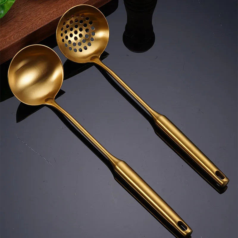 Goldene Küchenutensilien – Edelstahl – Langer Griff