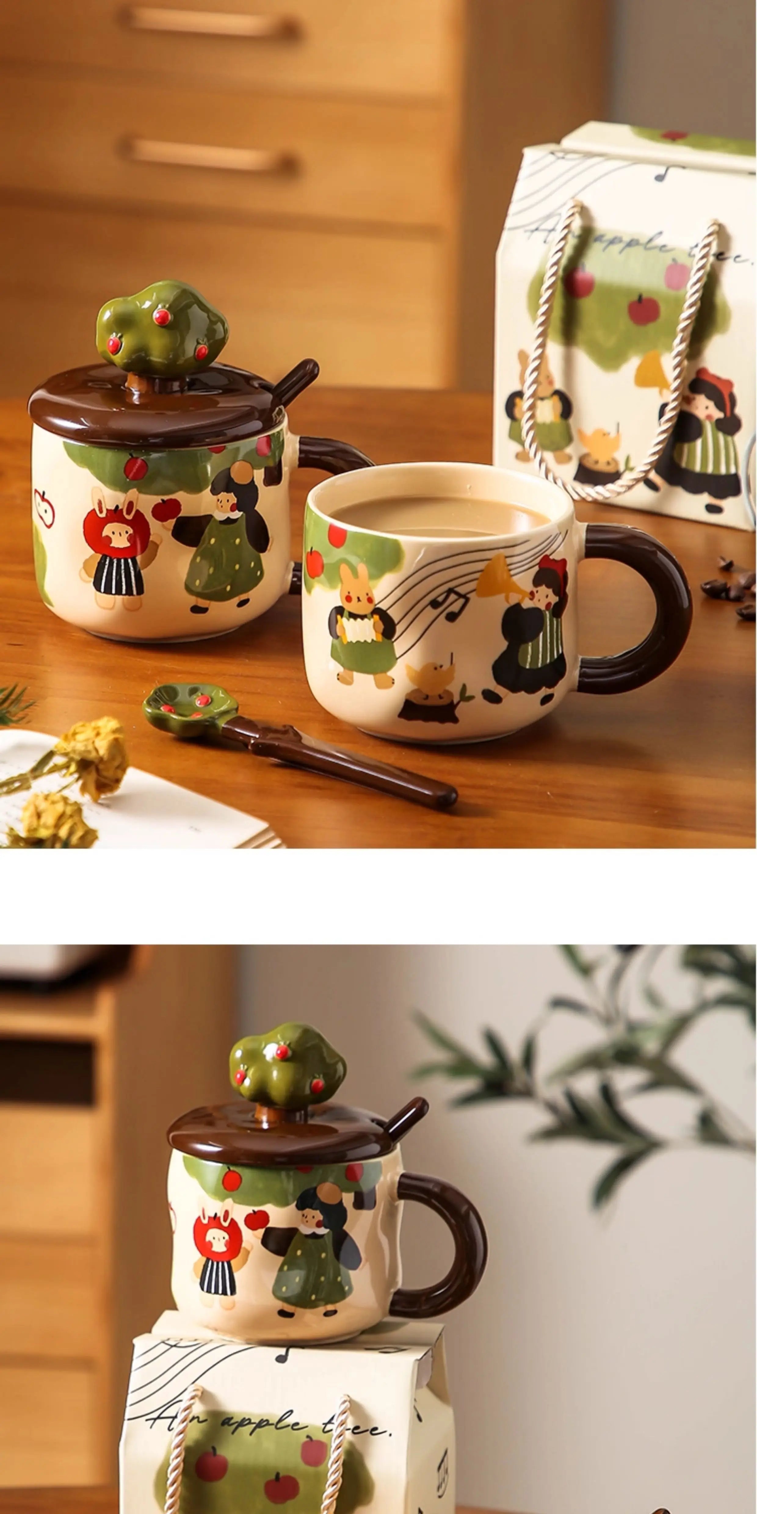 Retro Apfelbaum Tasse – Keramik mit Deckel – Zuhause