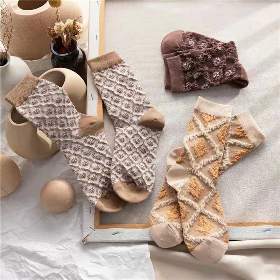 Damen Baumwollsocken – 3D Blumenstil – 5er Set