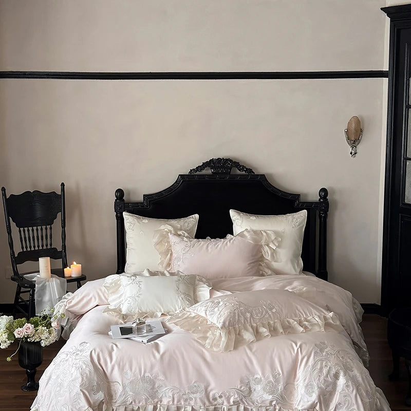 Edles Bettwäsche-Set – Rosé Stickerei – Mehrere Grössen