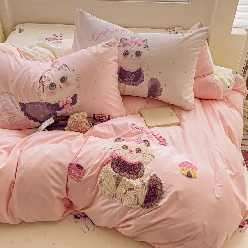 Bettwäsche-Set – Süsse Rosa Cartoon-Katzen – Weiche Baumwolle