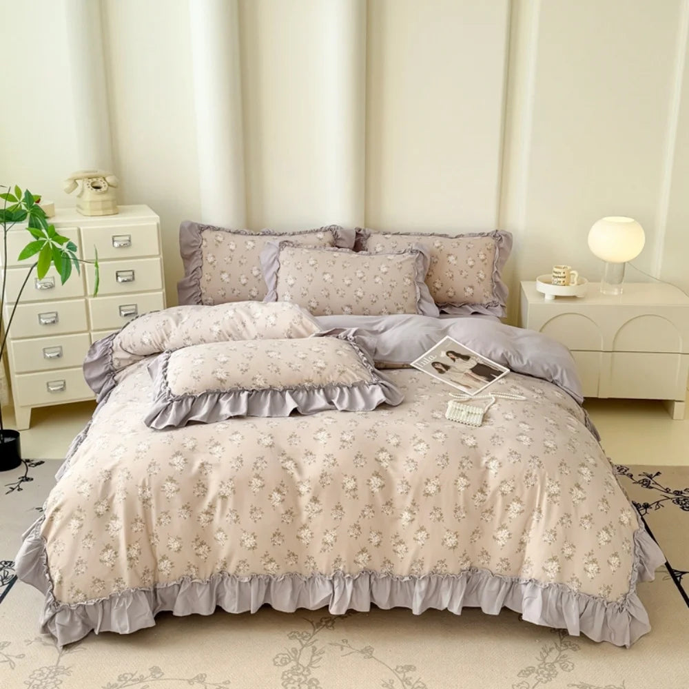 Koreanisches Bettwäsche-Set – Blumen Spitzenrüschen – Mikrofaser 200x230cm