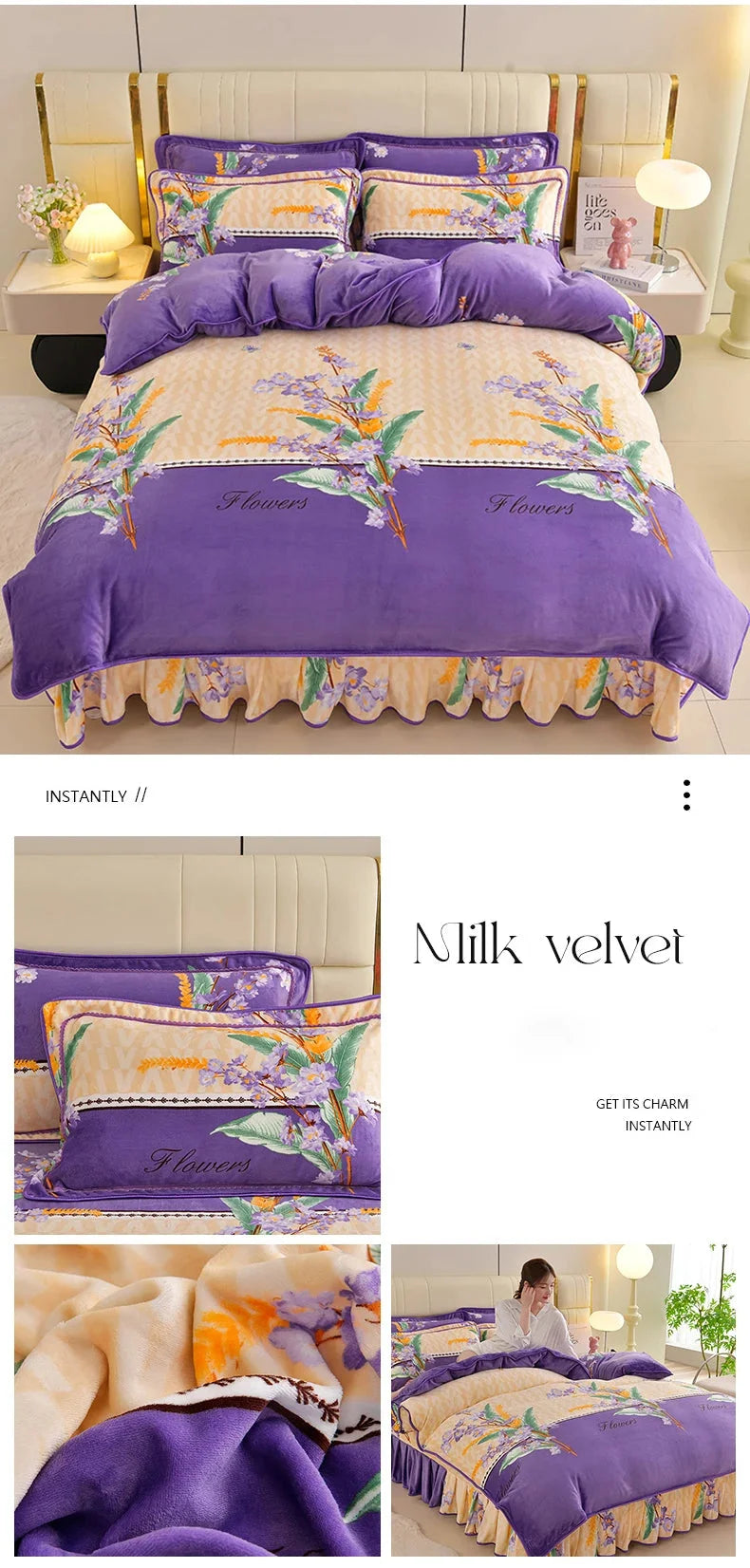 Milchvelours Bettset in Farbe bainianhaohe mit floralem Muster, Grösse 200x230cm, Polyester Material