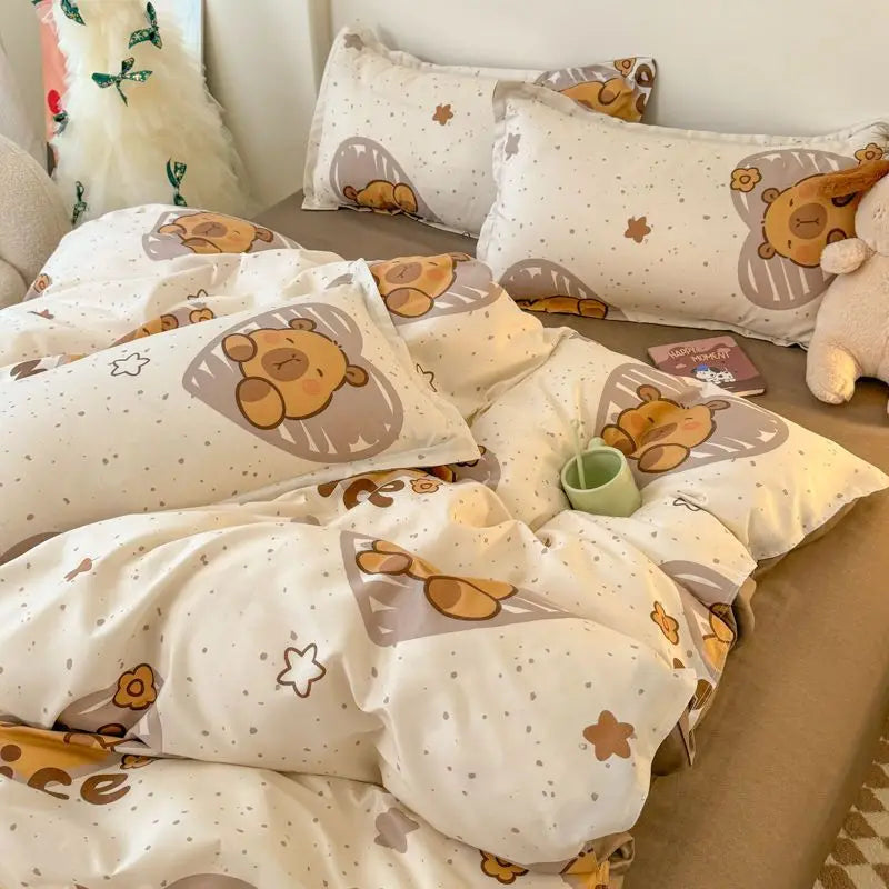Ins Bären Bettbezug-Set – Koreanisch Florales Design – Queen Grösse