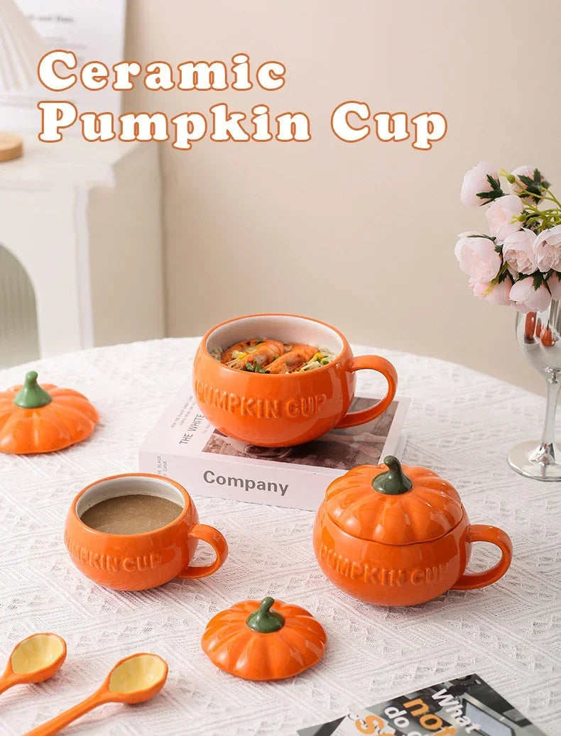 Keramik Kürbistasse – Cartoon Design mit Deckel, 350ml Set