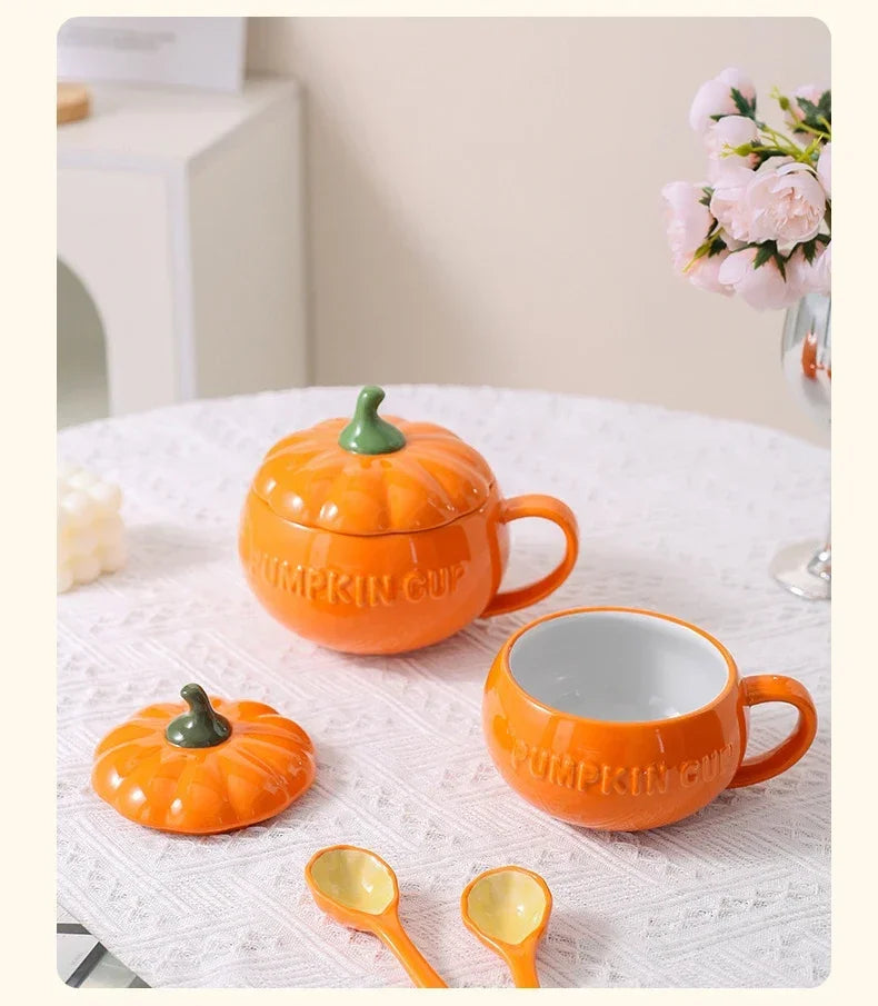 Keramik Kürbistasse – Cartoon Design mit Deckel, 350ml Set