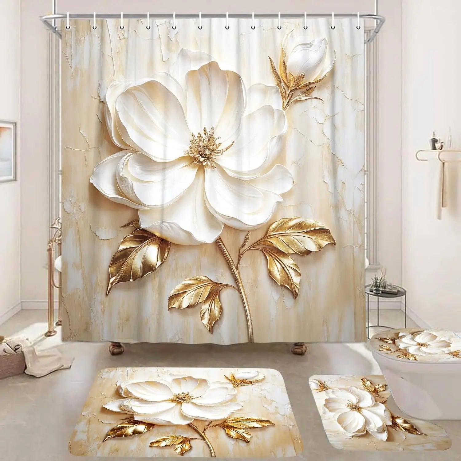 Floraler Duschvorhang – Modern Weiss und Gold – 180x180cm Set
