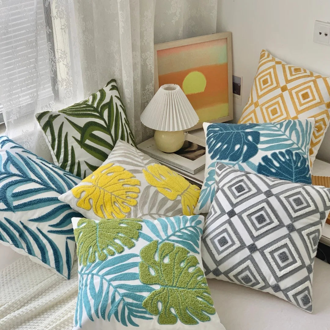 Grüne Blatt Stickerei Kissenbezug – Modernes Baumwolle 45x45cm