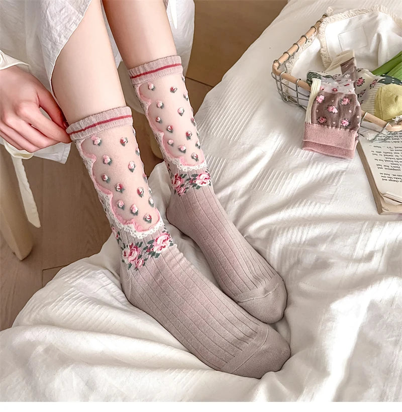 Damen Socken Blumenmuster – Retro-Stil, Transparent