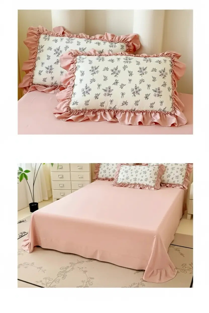 Koreanisches Bettwäsche-Set – Blumen Spitzenrüschen – Mikrofaser 200x230cm