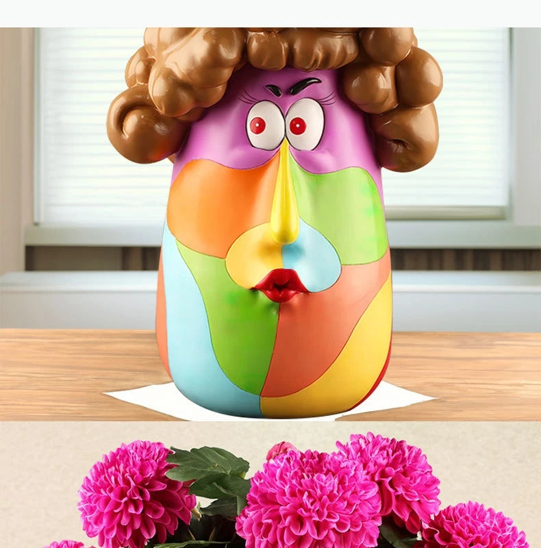 Cartoon Harz Blumentopf – Lockiges Mädchen, 16x22cm