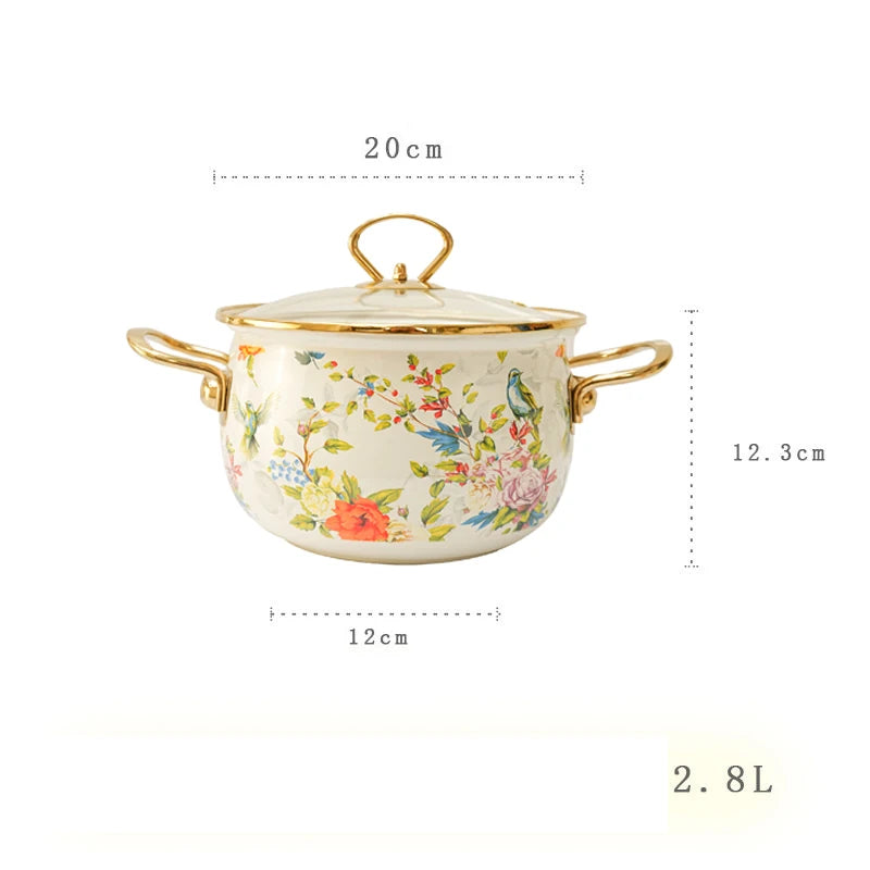 Emaille Suppentopf – Retro Blumen Design – Grosse Kapazität