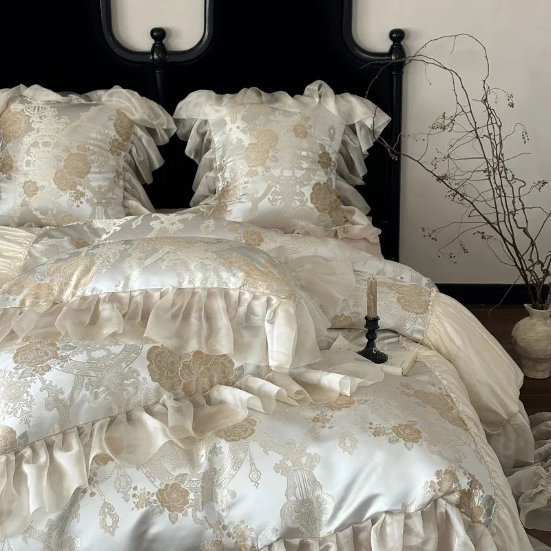 Luxuriöses Jacquard Satin Duvet – Beige Baumwoll-Hochzeitsset