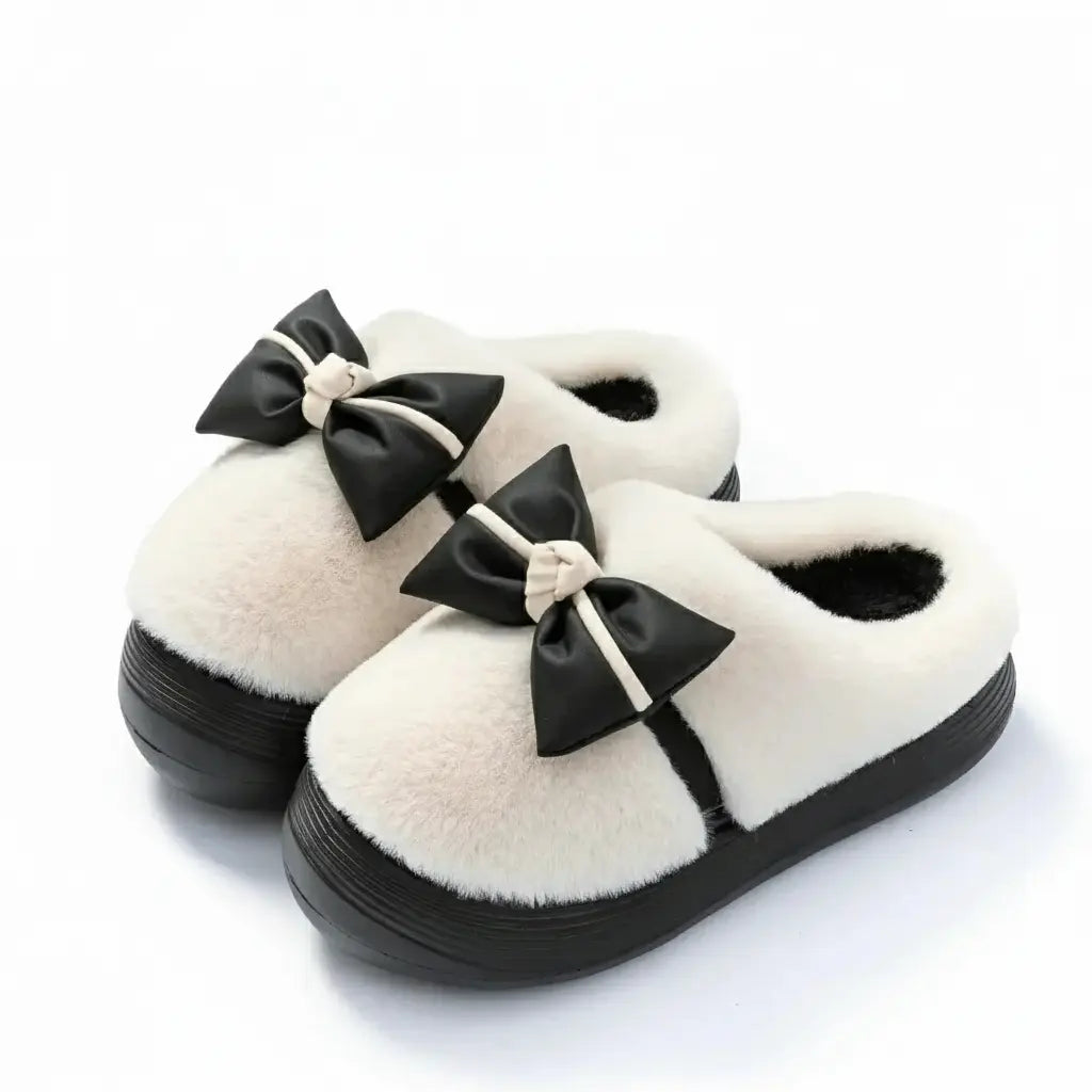 Damen Baumwollhausschuhe – Schleifenknoten Fleecegefüttert – Indoor Komfort