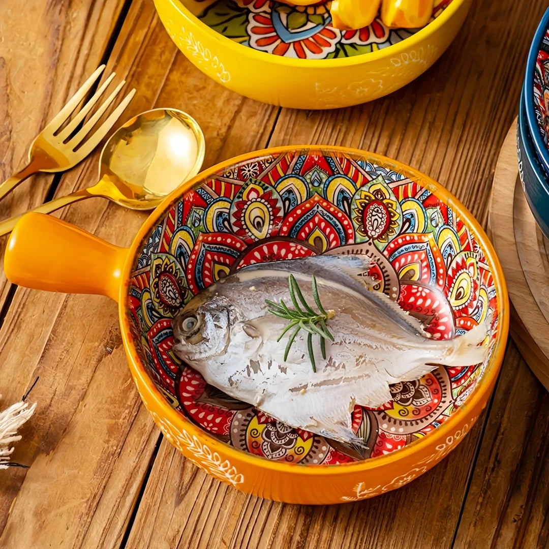 Salatschüssel - Handbemaltes Keramik mit Griff - Ofen- & Mikrowellensicher