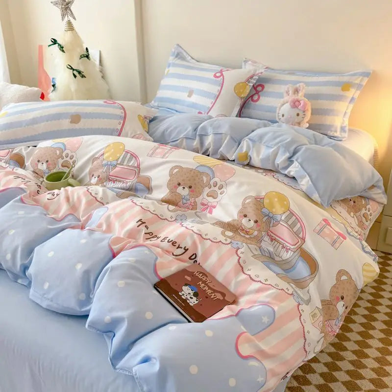 Ins Bären Bettbezug-Set – Koreanisch Florales Design – Queen Grösse