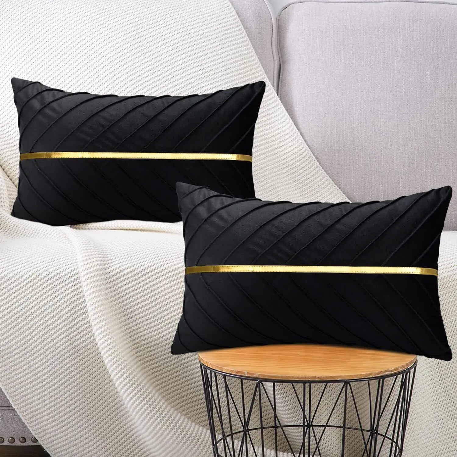 Samt Kissenbezug – Gold Leder Patchwork – 45x45cm