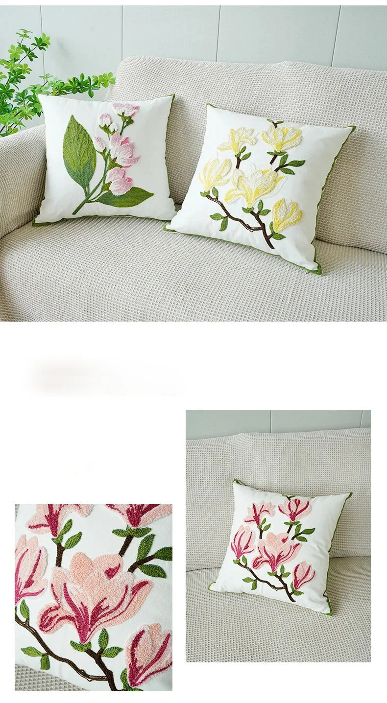 Yulan Blumen Kissenhülle – Bestickte Leinwand – 45x45cm