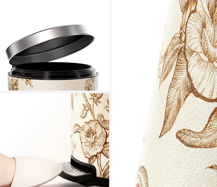 Moderner 14L Abfalleimer aus Edelstahl und Leder mit Pedal in Grau