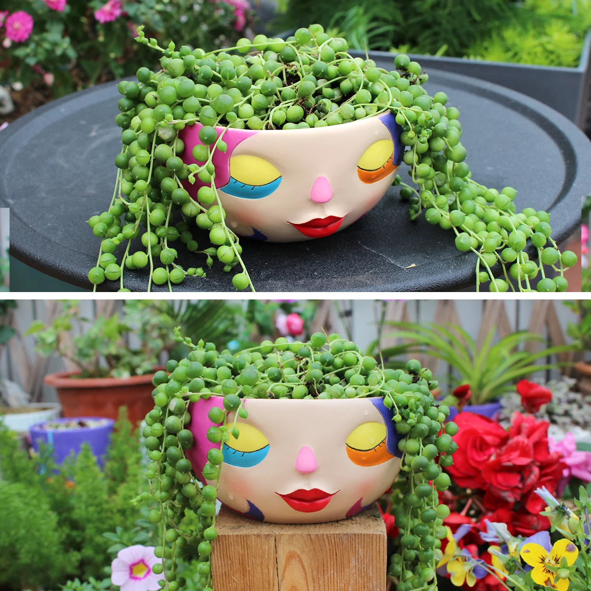 Bunter Harz Blumentopf – Modernes Gesicht Design Desktop