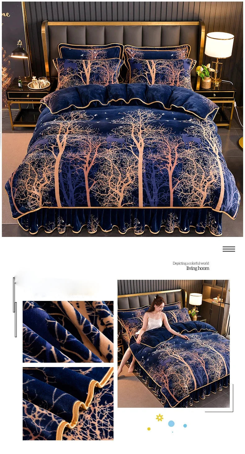 Luxus Fleece Bettwäsche aus Polyester mit Blumen-Design, Farbe: Champagner Pink, Grösse: King 4 Teile 220x240cm