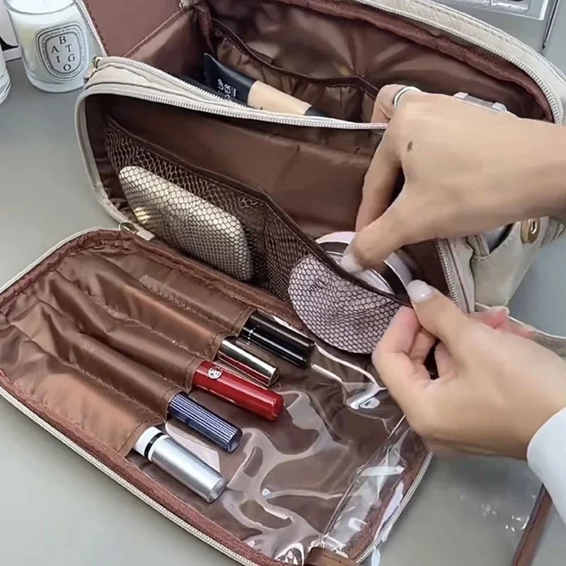 Kosmetiktasche – PU Leder, Doppel-Reissverschluss, Tragbar
