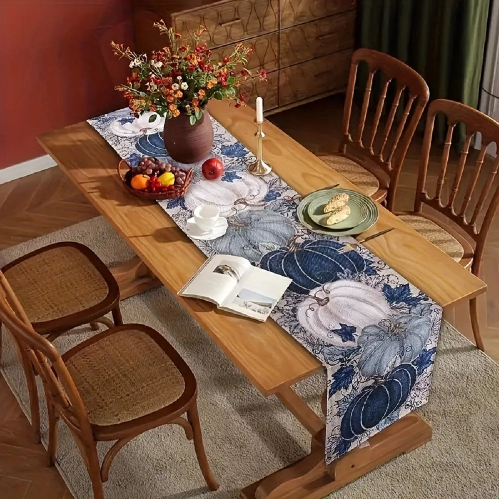 Retro Blauer Kürbis Tischläufer – Polyester – 33X183Cm
