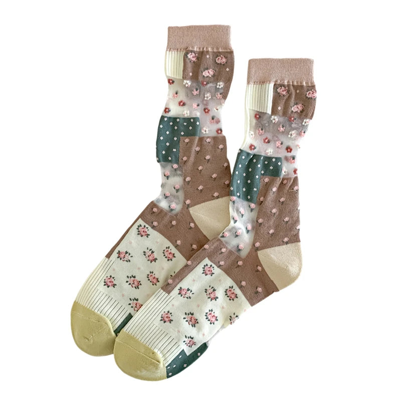 Damen Socken Blumenmuster – Retro-Stil, Transparent