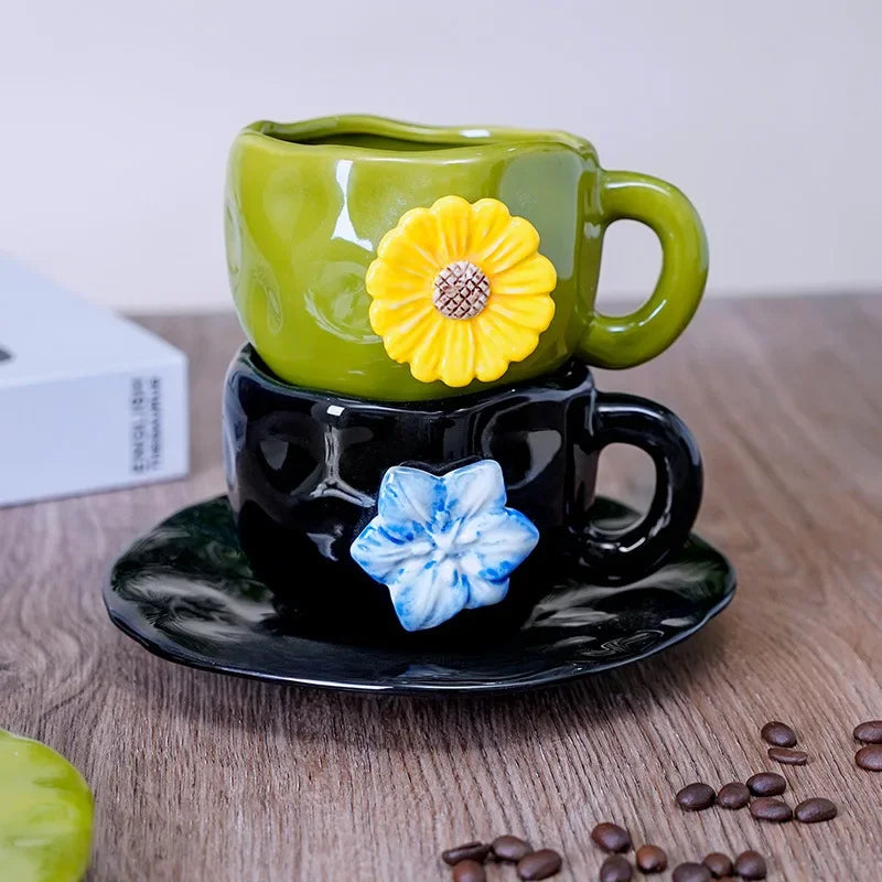 Keramik-Set Tasse Vintage – Reliefblumen