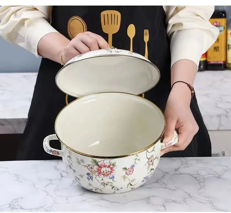 Vintage Suppentopf – Emaille, Porzellan-Optik