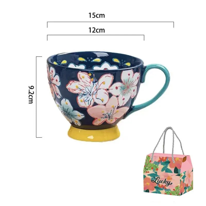 Keramik Kaffeetasse – Vintage Blumenmuster – 500ml