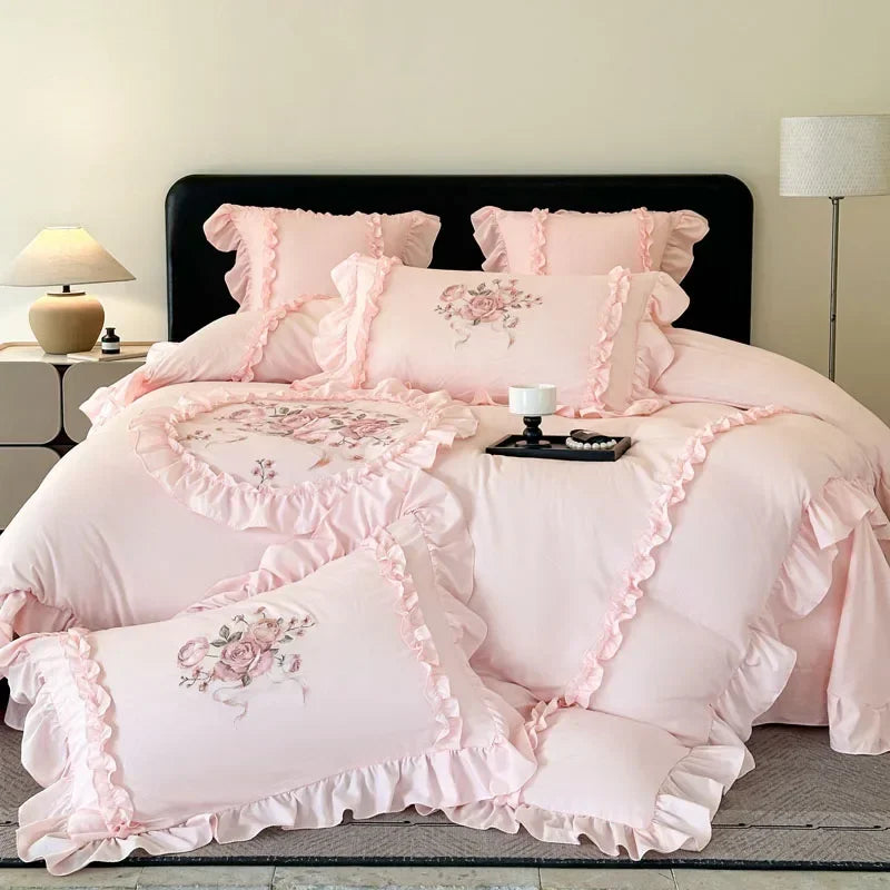 Rosa besticktes Mikrofaser-Bettset, Farbe: Jadepink, Grösse: 1.8m Spannbettlaken 4-teilig, Schlafzimmer