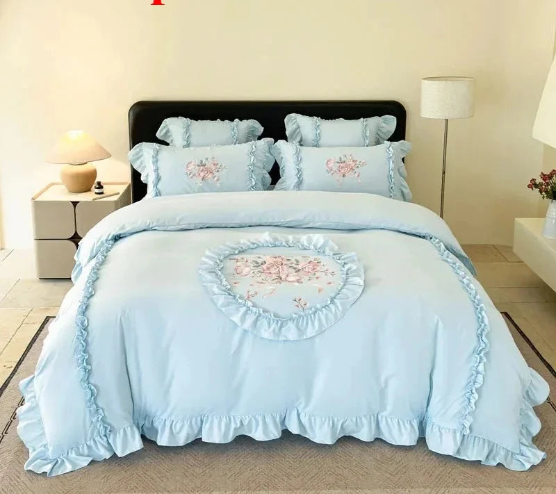 Rosa besticktes Mikrofaser-Bettwäsche-Set im blumigen Stil in Jadepink, Grösse 1.8m Laken