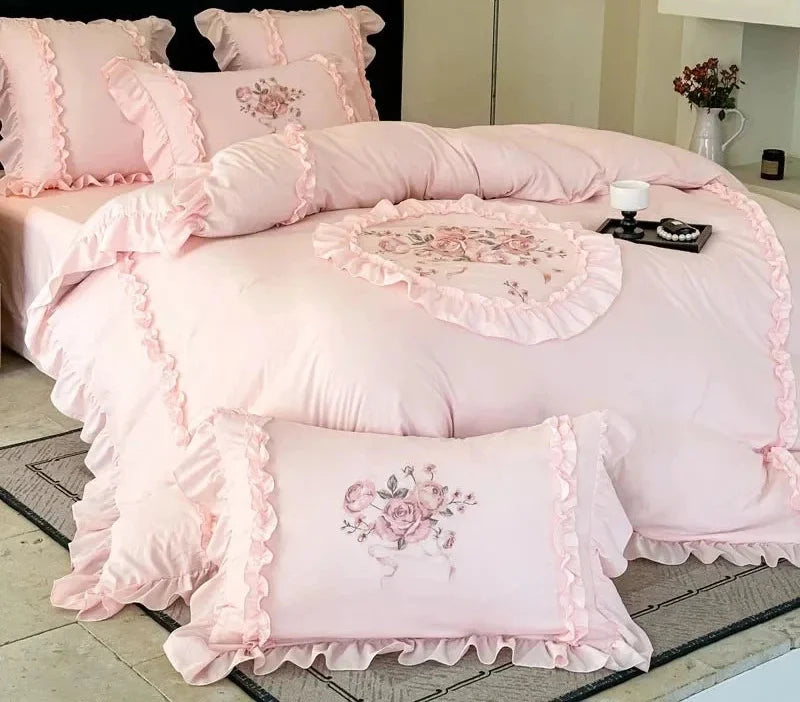 Rosa Mikrofaser-Bettbezug-Set mit Stickerei in Jadepink, Grösse 1.8m Spannbettlaken