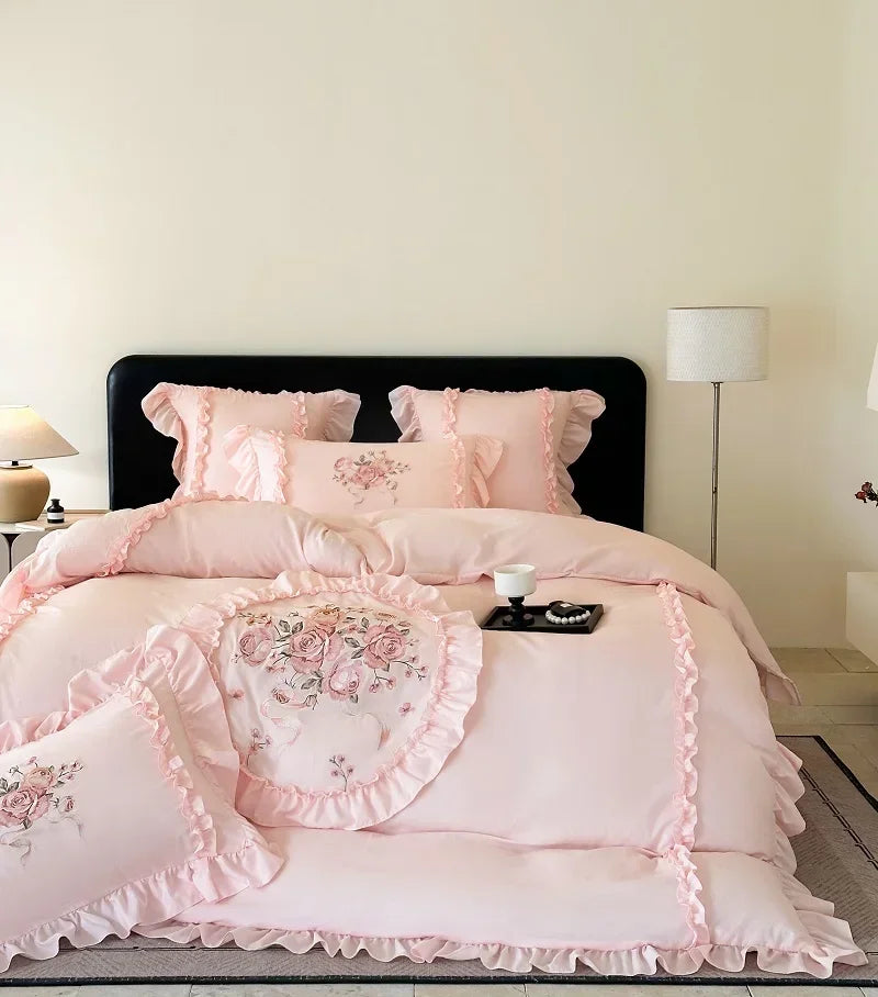 Rosa besticktes Bettwäsche-Set aus Mikrofaser, grösse 1.8m Spannbettlaken, Farbe: Jadepink, für Schlafzimmer