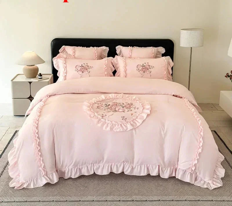 rosa Mikrofaser Bettbezug-Set mit Stickerei für King oder Queen, 1.5m bis 2.0m Grösse