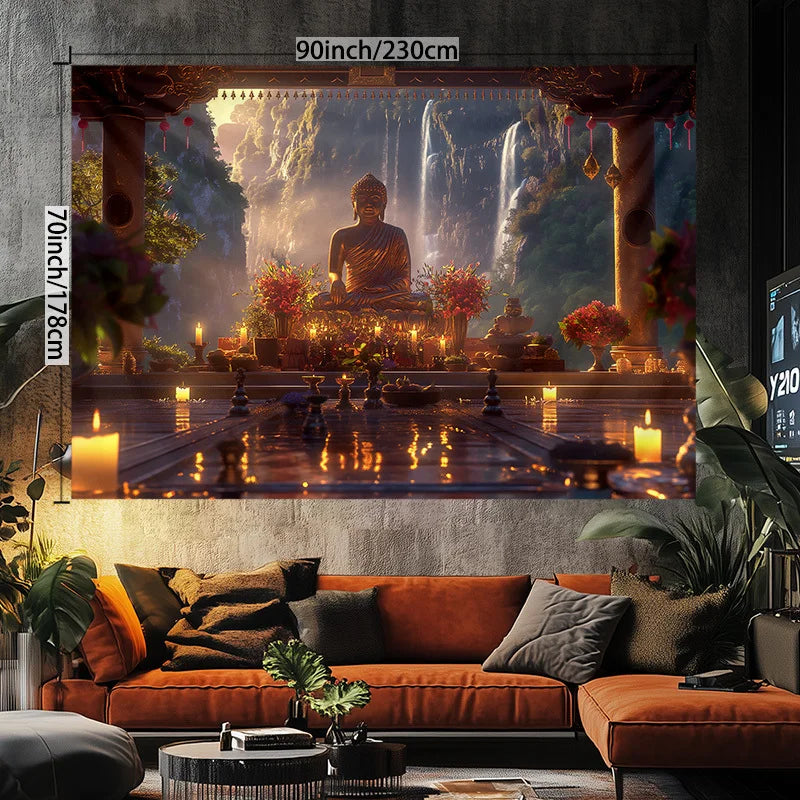 Tapisserie Goldener Buddha Wasserfall aus Polyester, Grösse 150x200 cm im natürlichen Stil