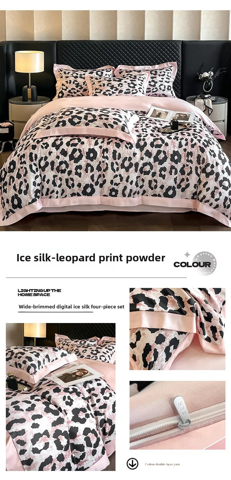 Luxuriöses Tencel Bettwäscheset mit Leopardenmuster, Farbe: Leoparden Rosa, Grösse: 200x230 cm, im eleganten Stil für das Schlafzimmer