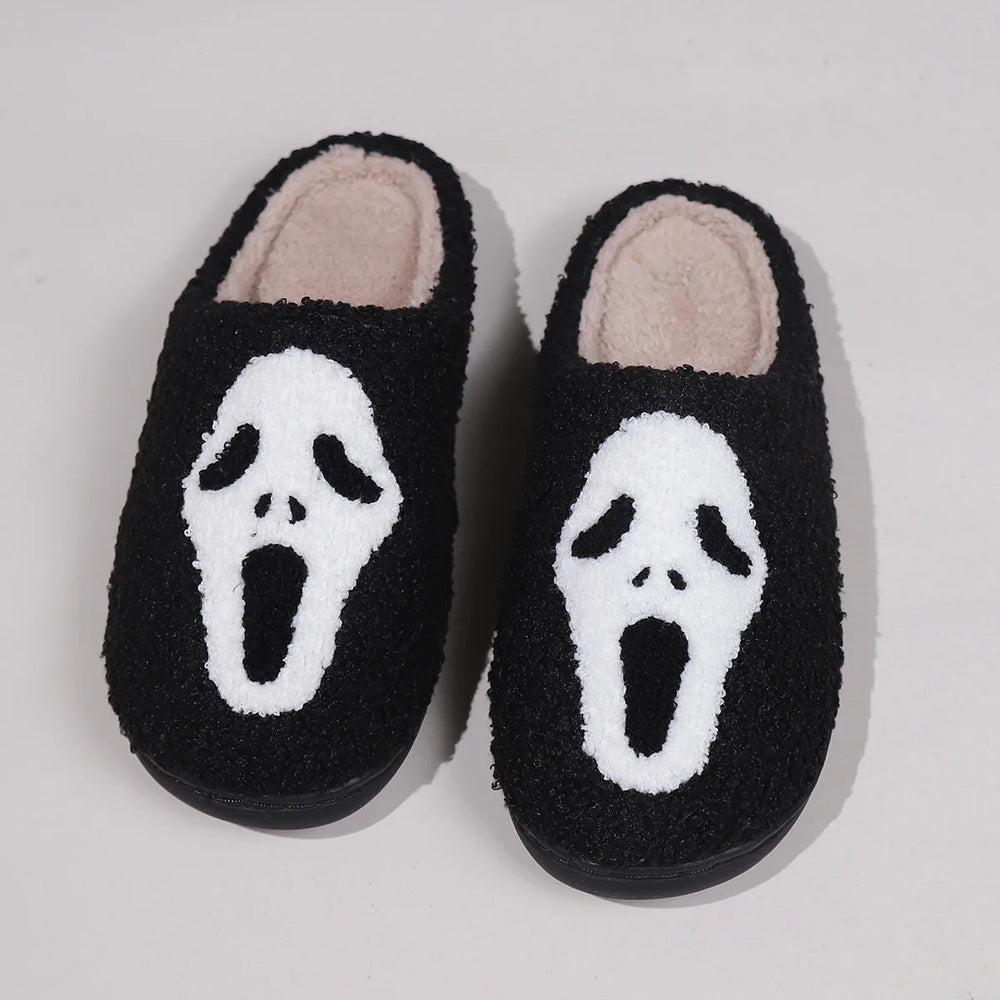 Plüschige Totenkopf Cartoonslipper aus Baumwolle, Farbe: Schwarz-A, Schuhgrösse: 38-39