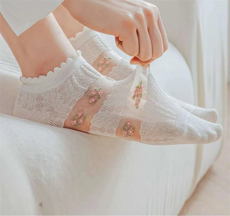 Transparente Socken Set – Vintage Floral Baumwolle – Niedriges Rohr