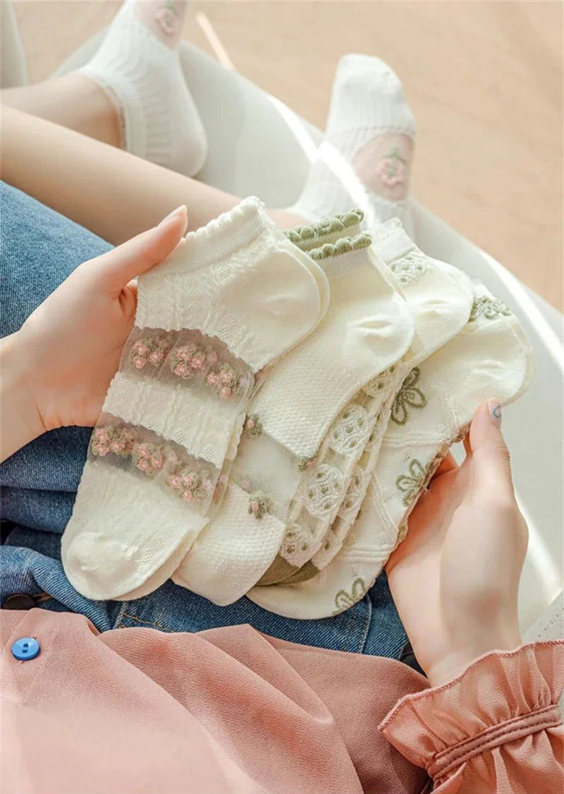 Transparente Socken Set – Vintage Floral Baumwolle – Niedriges Rohr