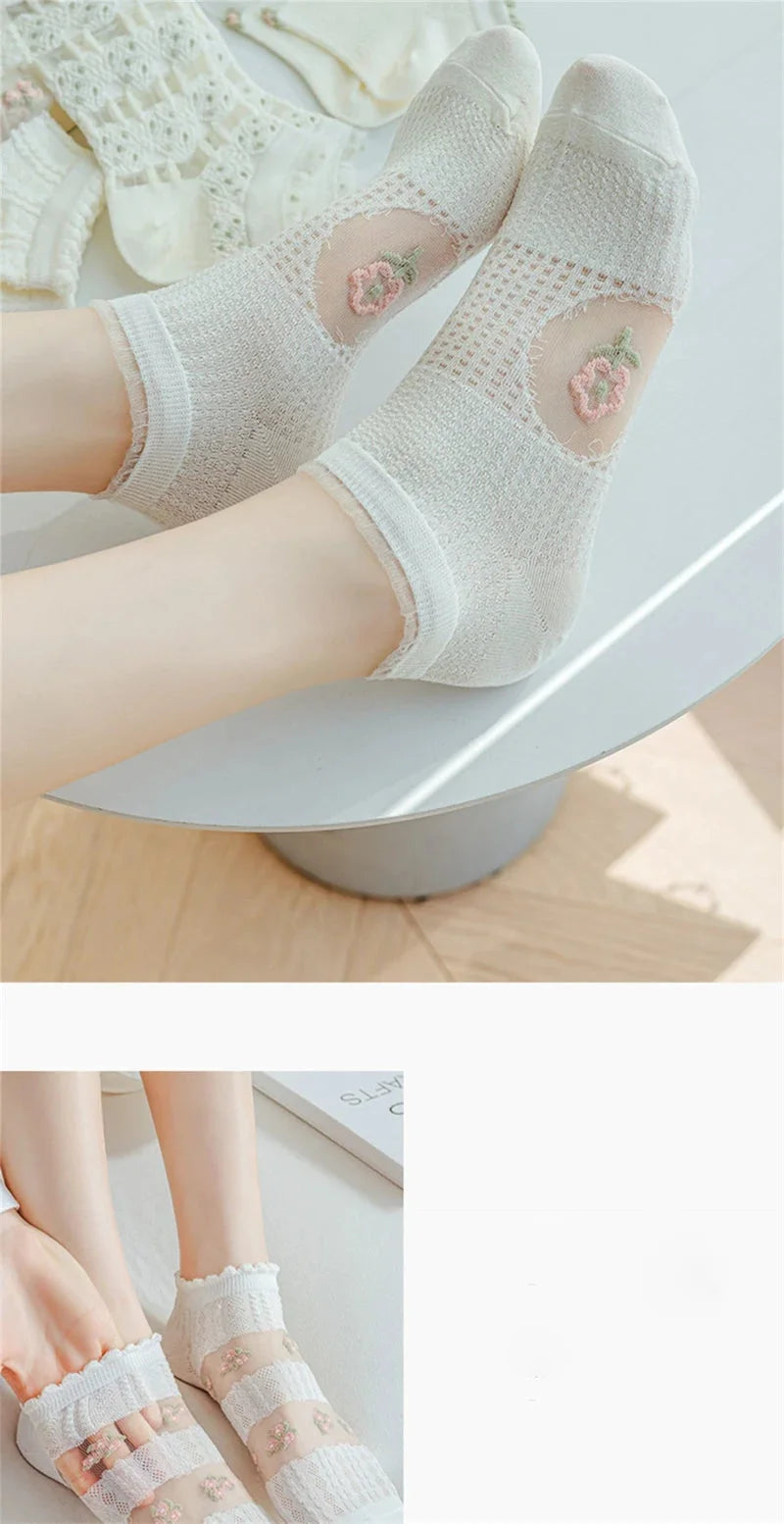 Transparente Socken Set – Vintage Floral Baumwolle – Niedriges Rohr
