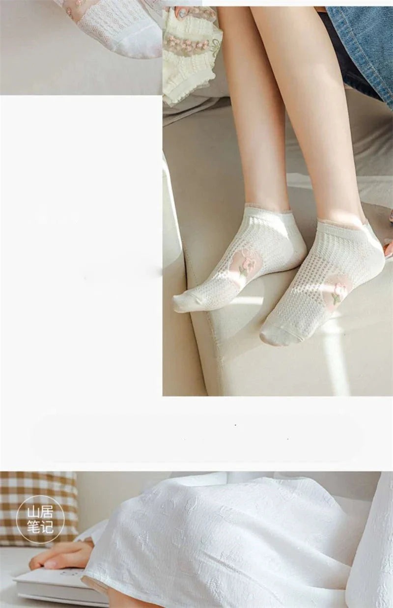 Transparente Socken Set – Vintage Floral Baumwolle – Niedriges Rohr
