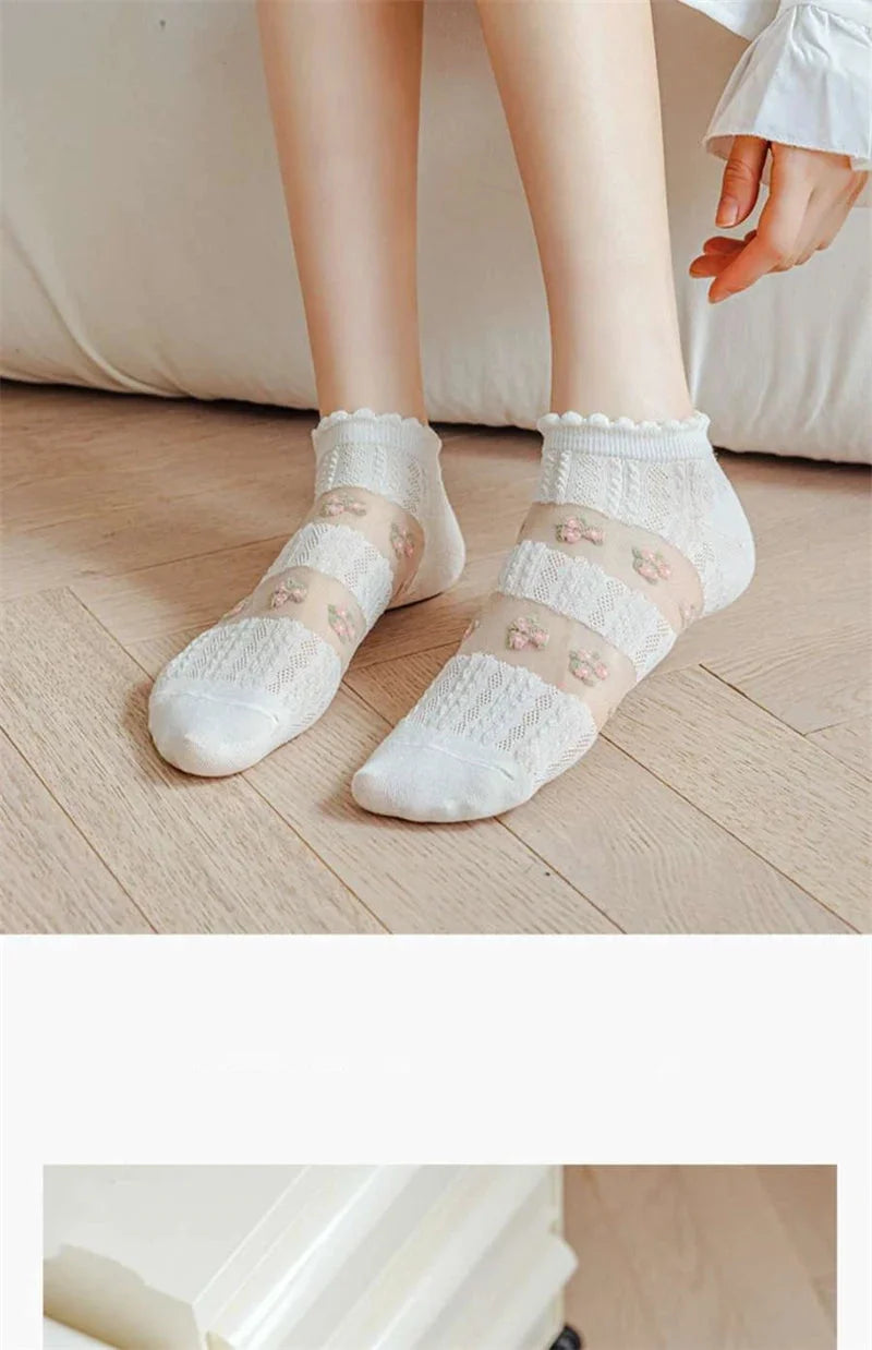 Transparente Socken Set – Vintage Floral Baumwolle – Niedriges Rohr